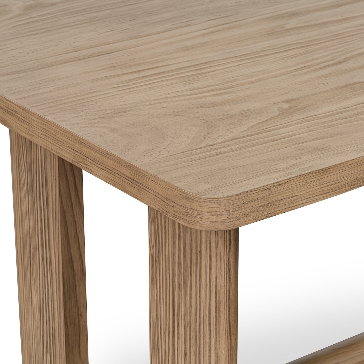 Wooden table with a rectangular top with soft round edge.