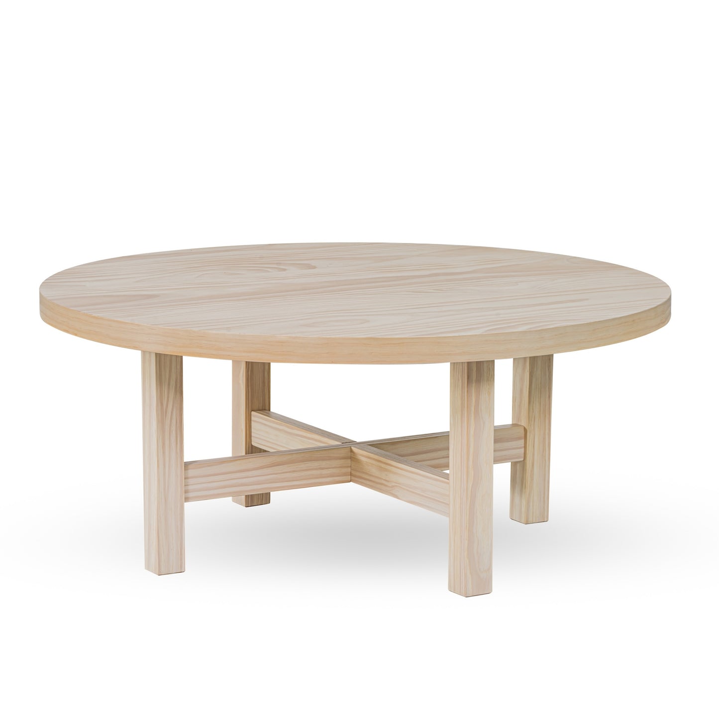 Round wooden coffee table with a light natural finish, featuring a circular top and four legs connected by a cross-shaped support structure underneath.