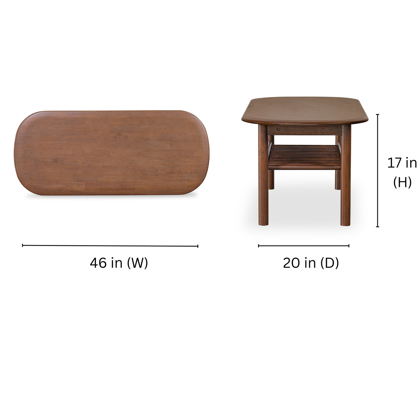 solid wood coffee table in walnut with four round legs and soft round edges table top