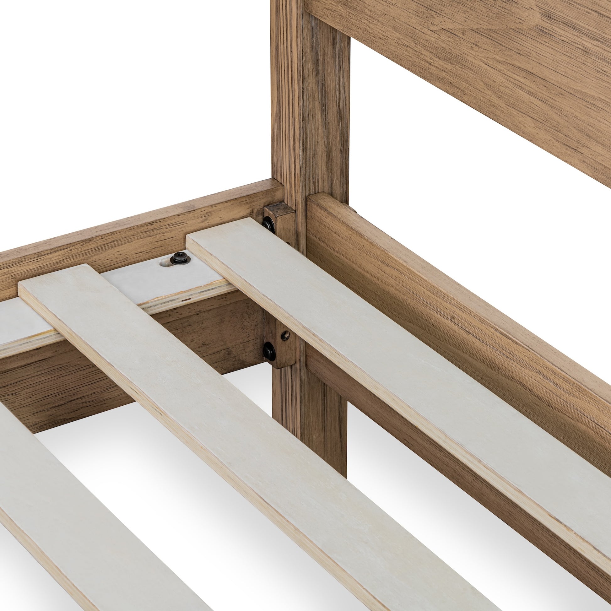 close up view of queen bed frame with wood slats included.