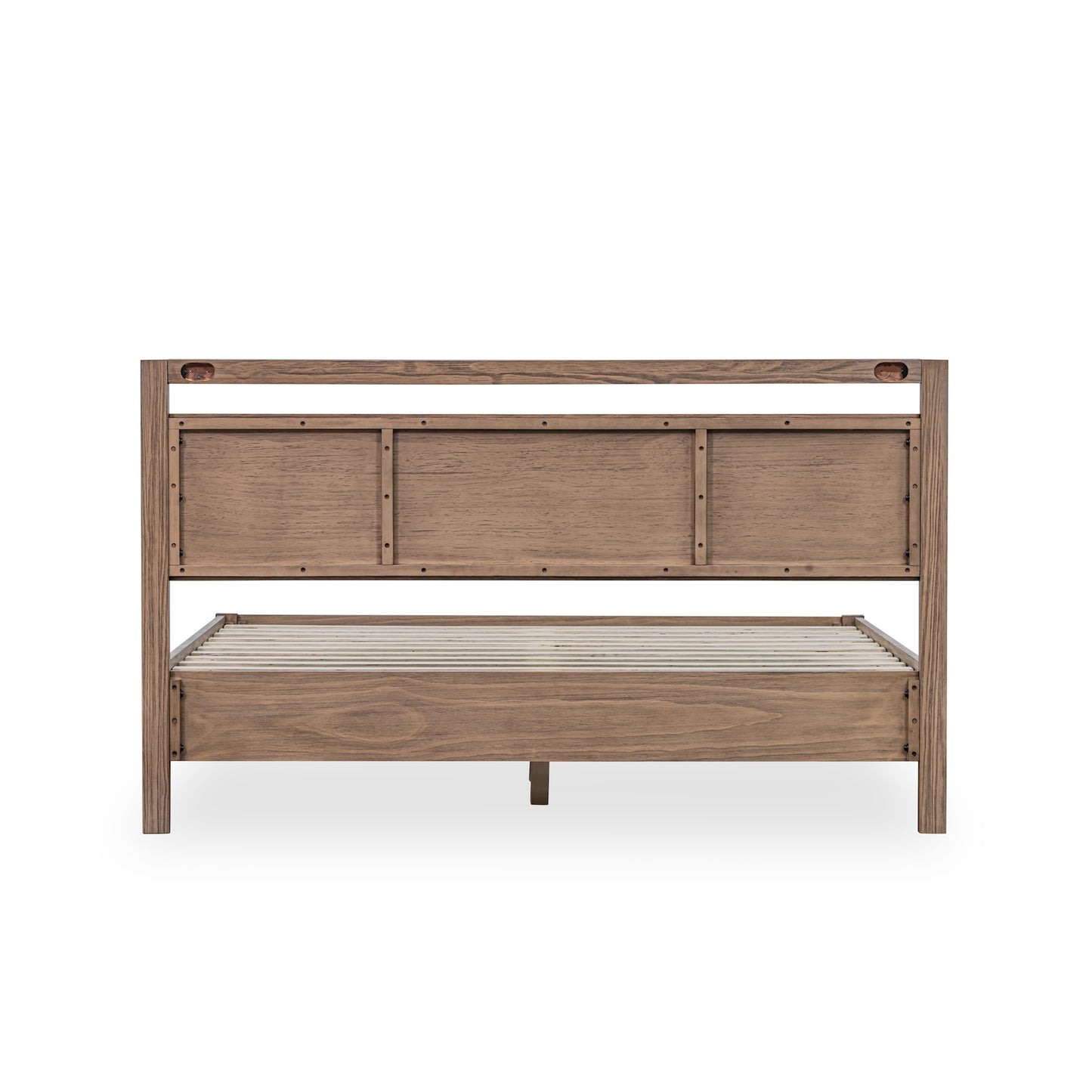the backview of beautiful modern solid wood bed frame in seadrift finish