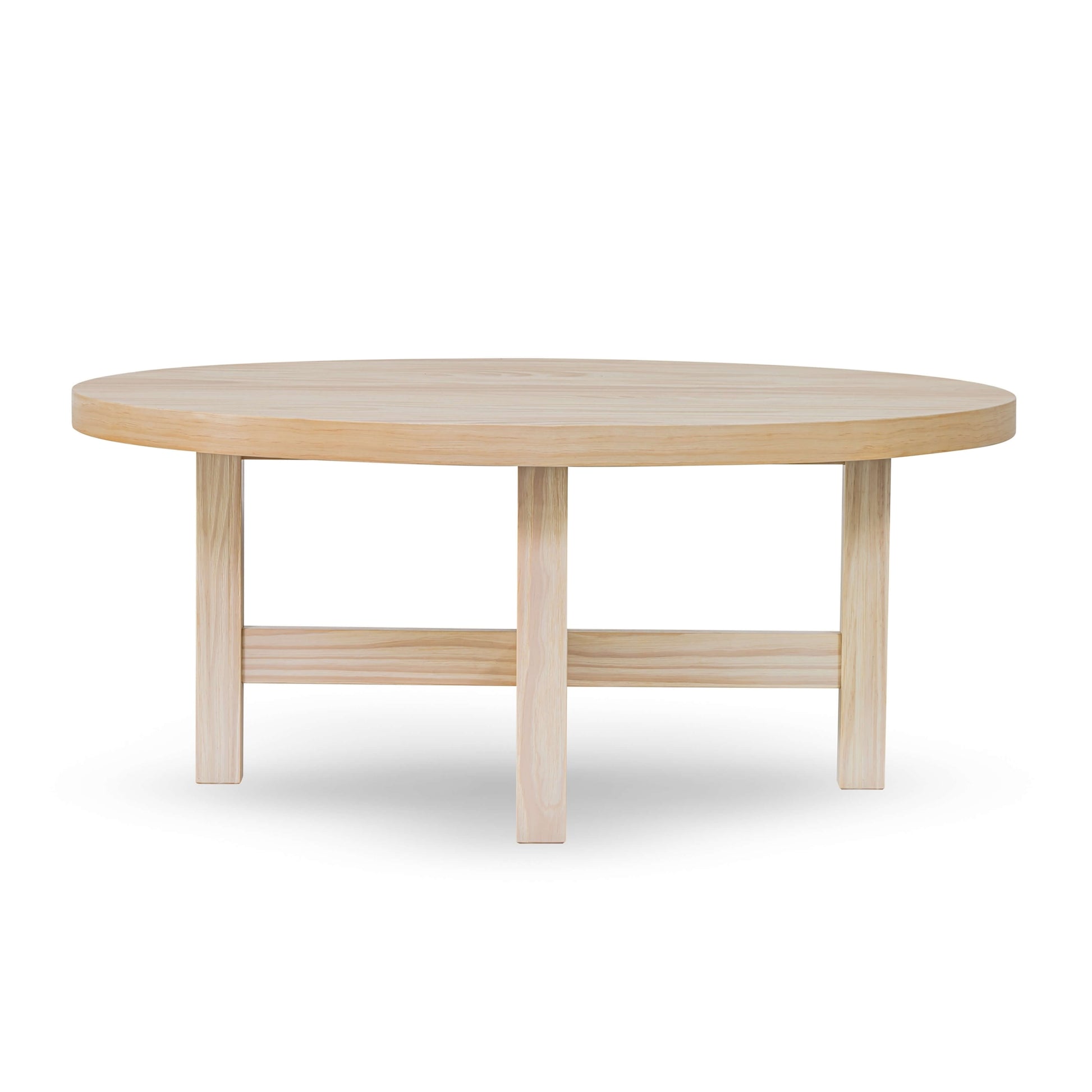 Round wooden coffee table with a light natural finish, featuring a circular top and four legs connected by a cross-shaped support structure underneath.