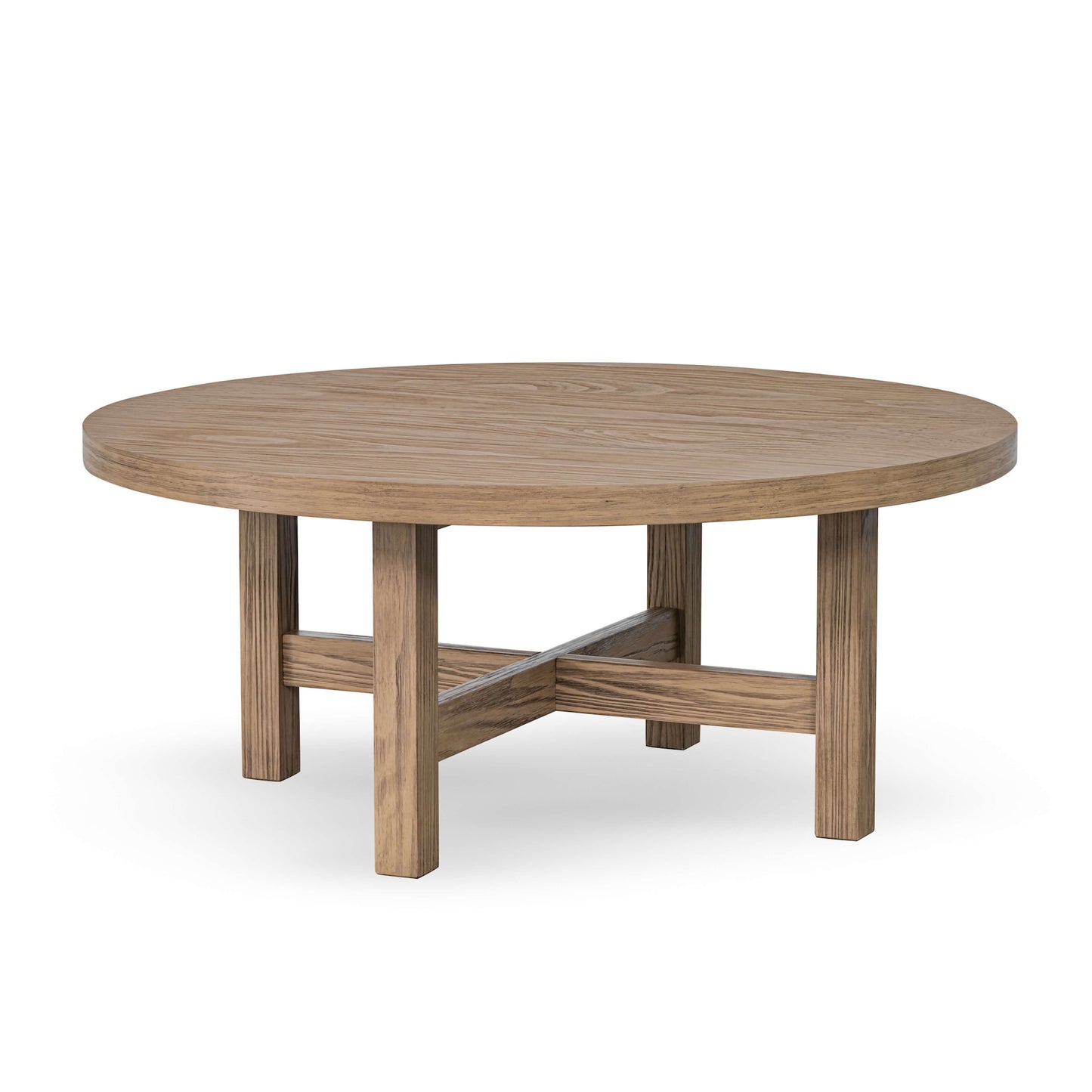round wooden coffee table with rich seadrift finish, featuring a circular top and four legs connected by a cross-shaped support structure underneath