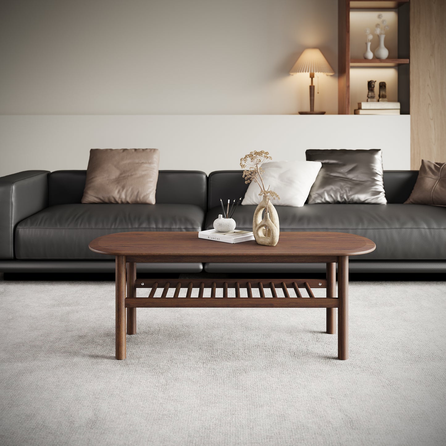 solid wood coffee table in mid century modern living room