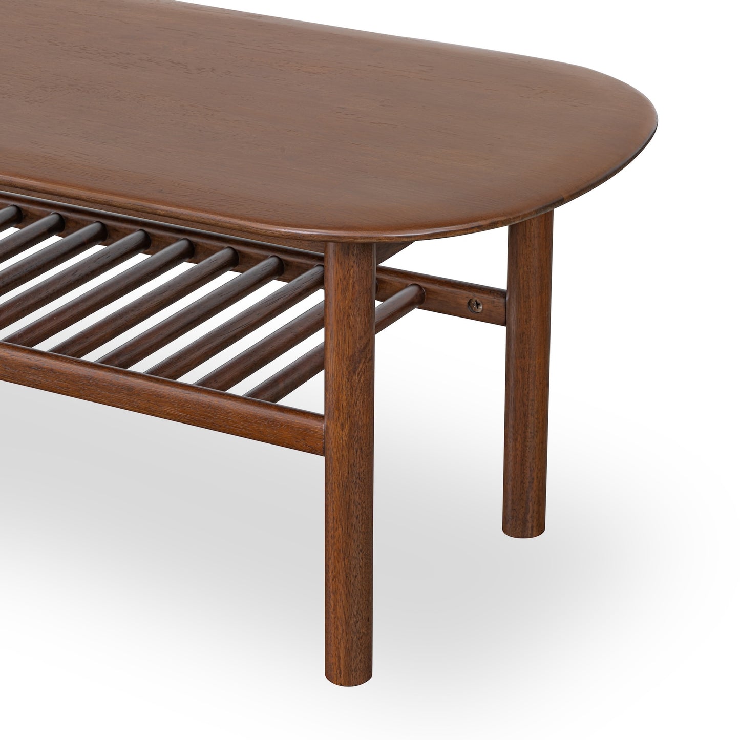 solid wood coffee table in walnut with four round legs and soft round edges table top