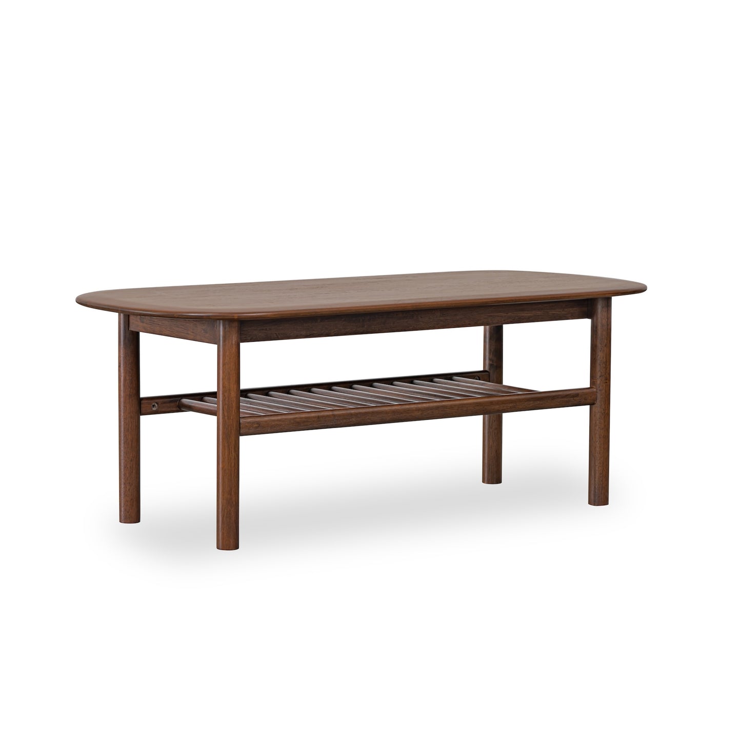 Paxi solid wood coffee table in walnut with four round legs and soft round edges table top