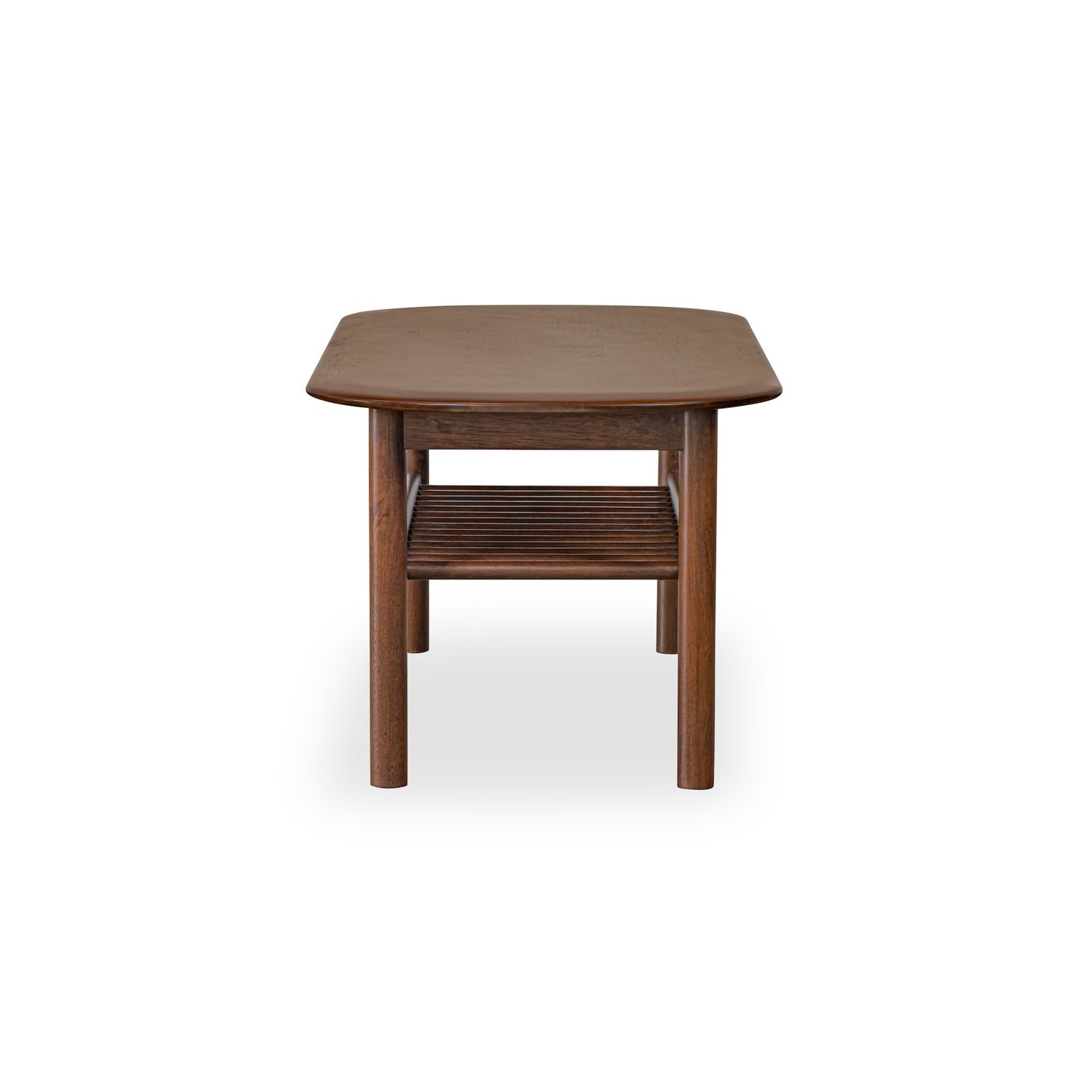solid wood coffee table in walnut with four round legs and soft round edges table top