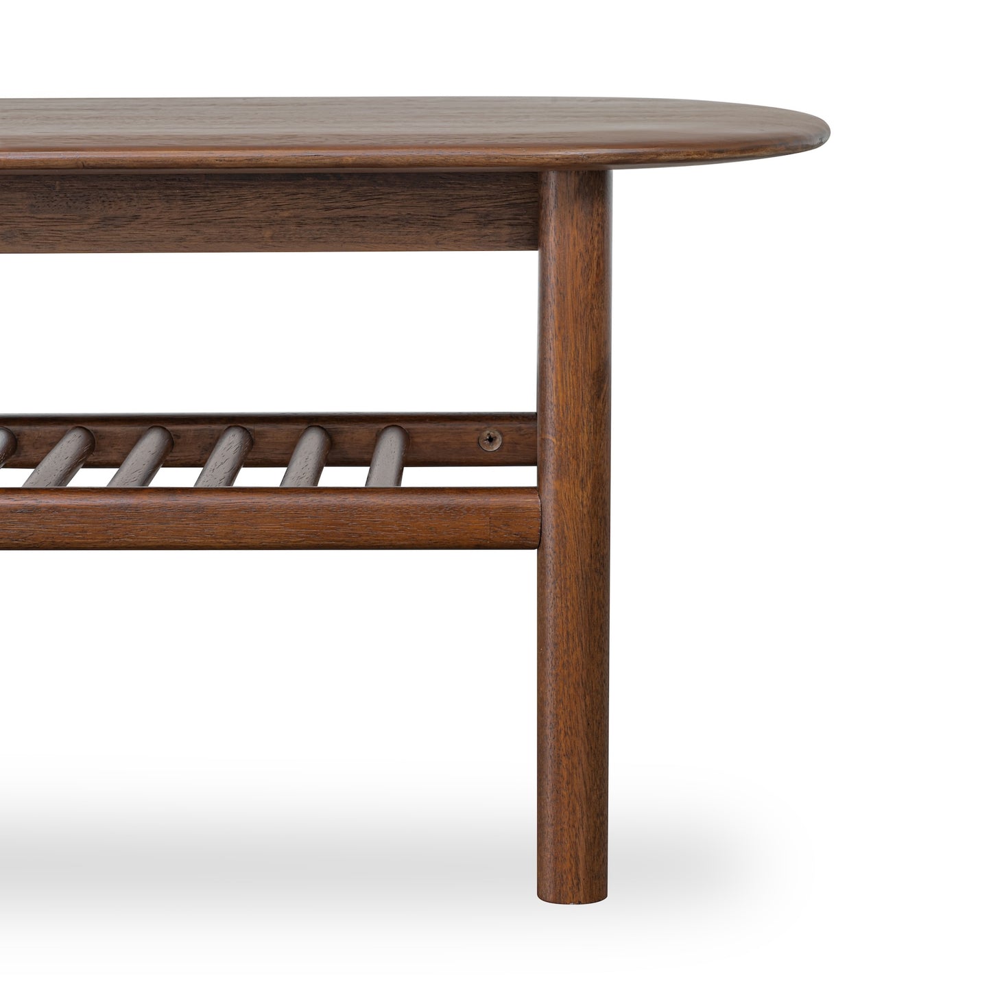 solid wood coffee table in walnut with four round legs and soft round edges table top