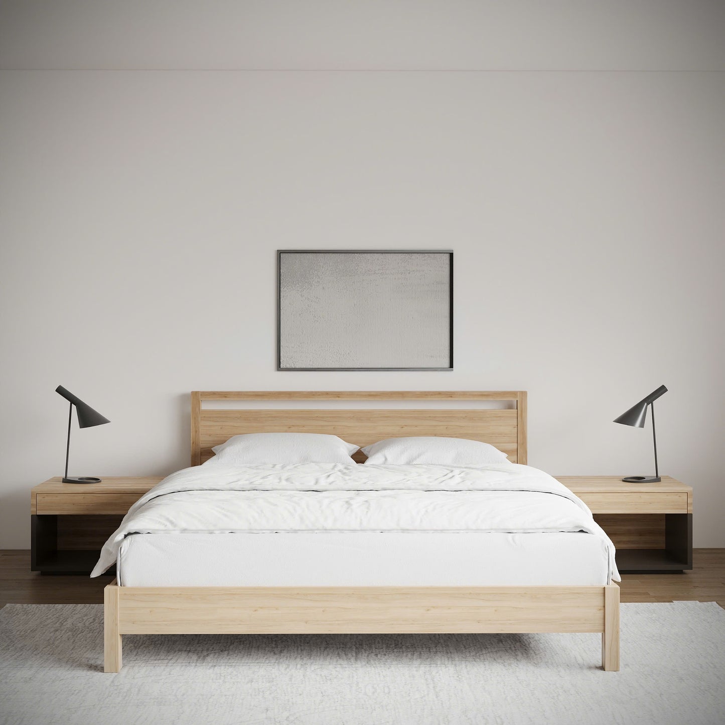 solid wood bed frame with headboard centers in a modern minimalist bedroom.