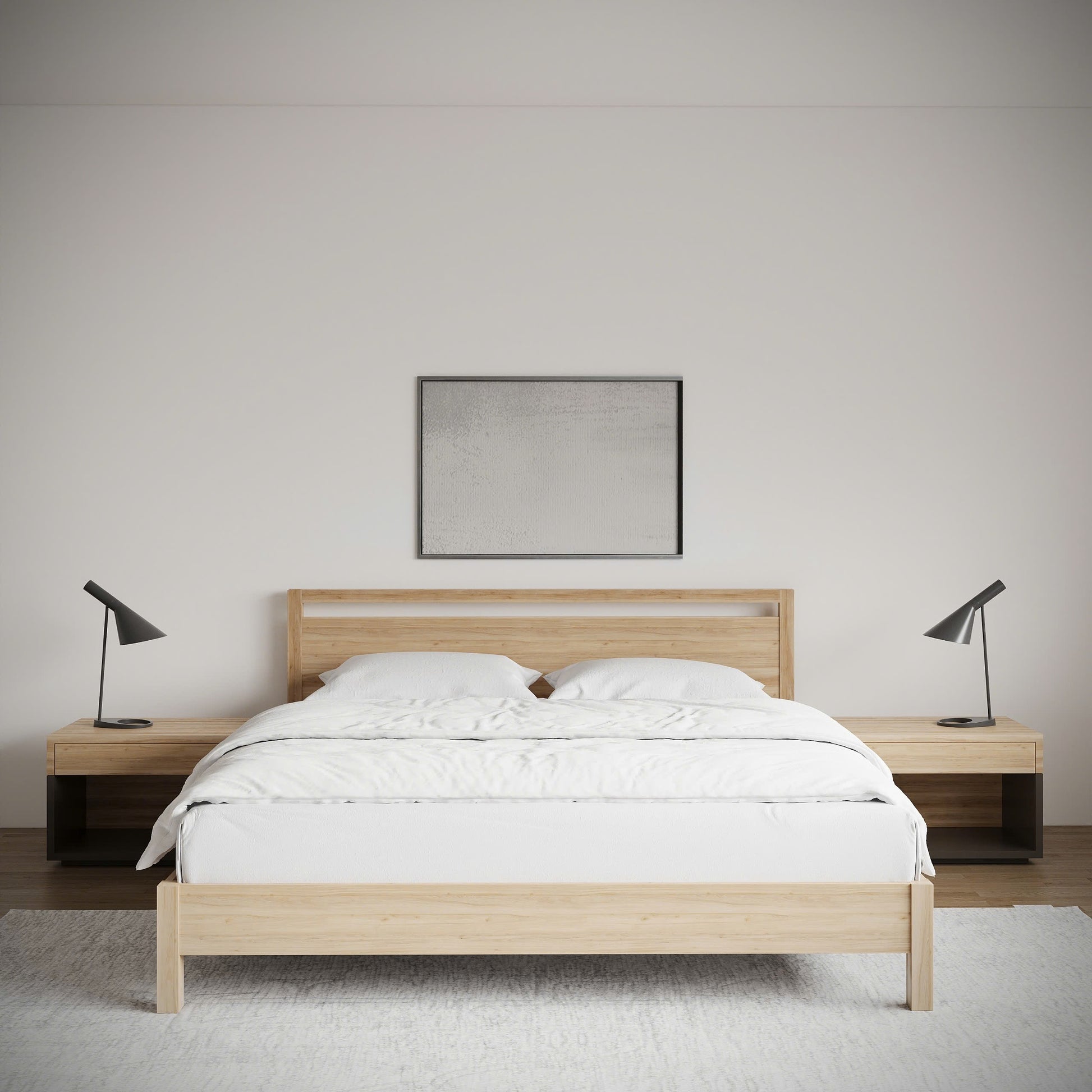 solid wood bed frame with headboard centers in a modern minimalist bedroom.