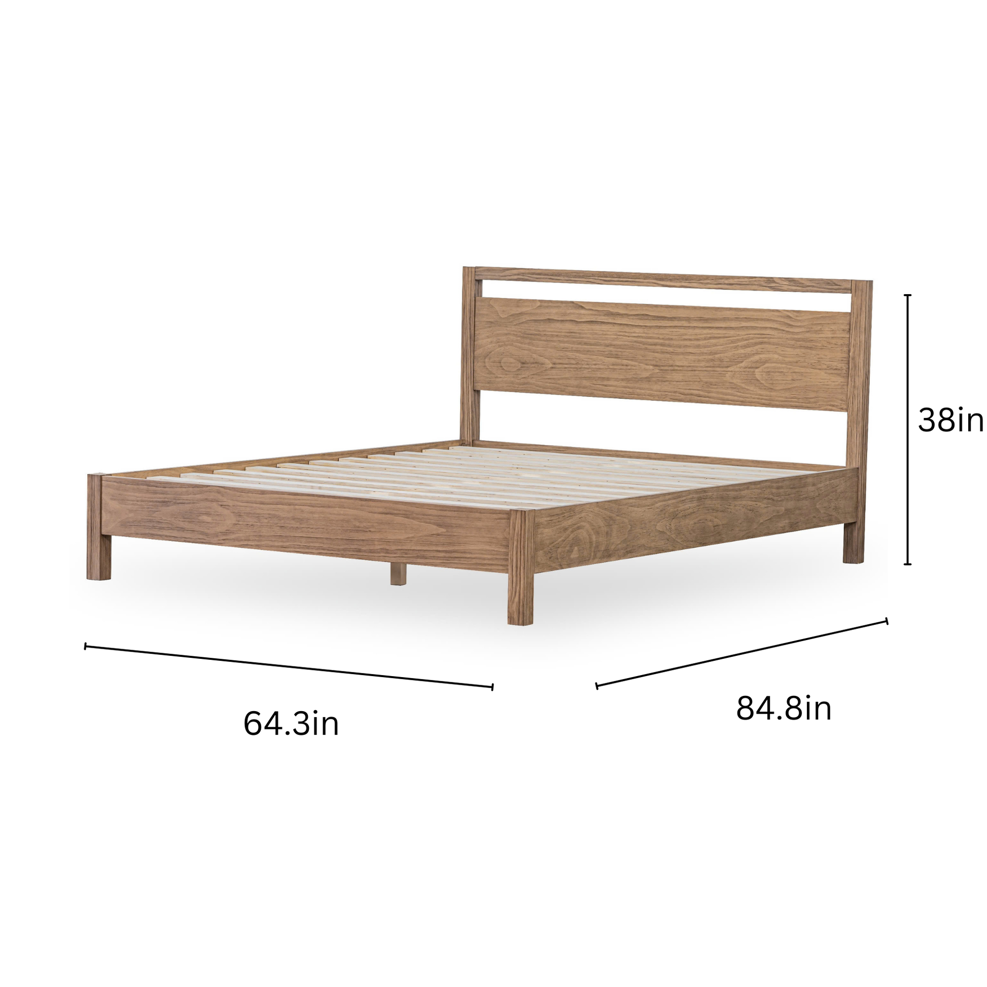 modern queen bed frame crafted from solid wood with dimensions details of height, depth and width.