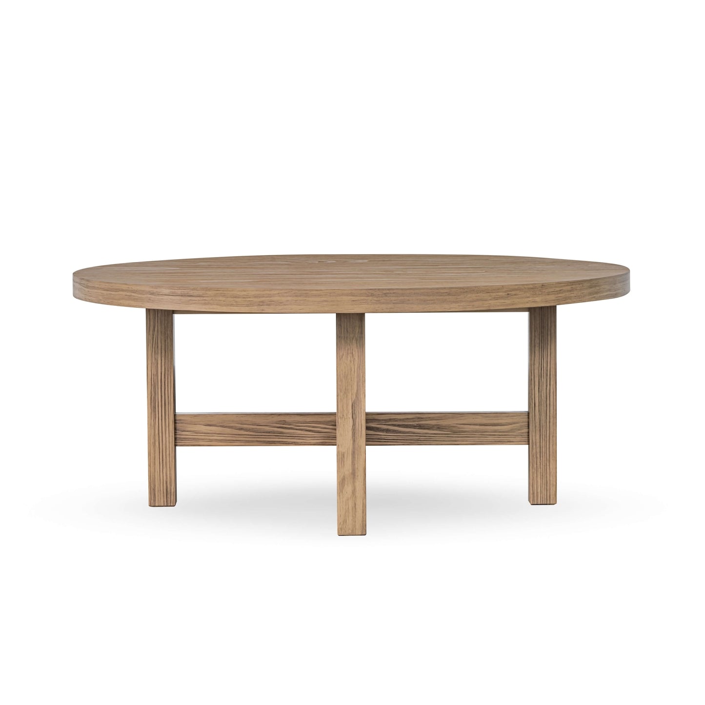round wooden coffee table with rich seadrift finish, featuring a circular top and four legs connected by a cross-shaped support structure underneath