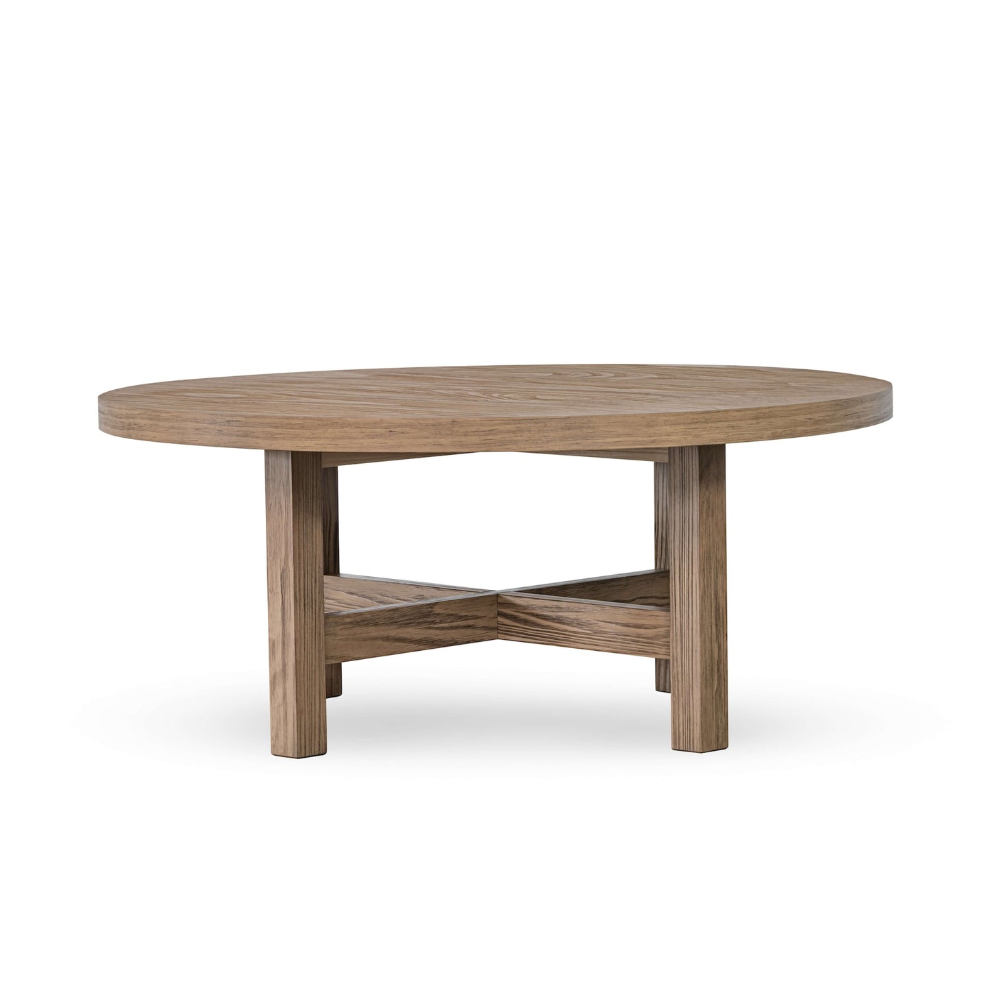 round wooden coffee table with rich seadrift finish, featuring a circular top and four legs connected by a cross-shaped support structure underneath