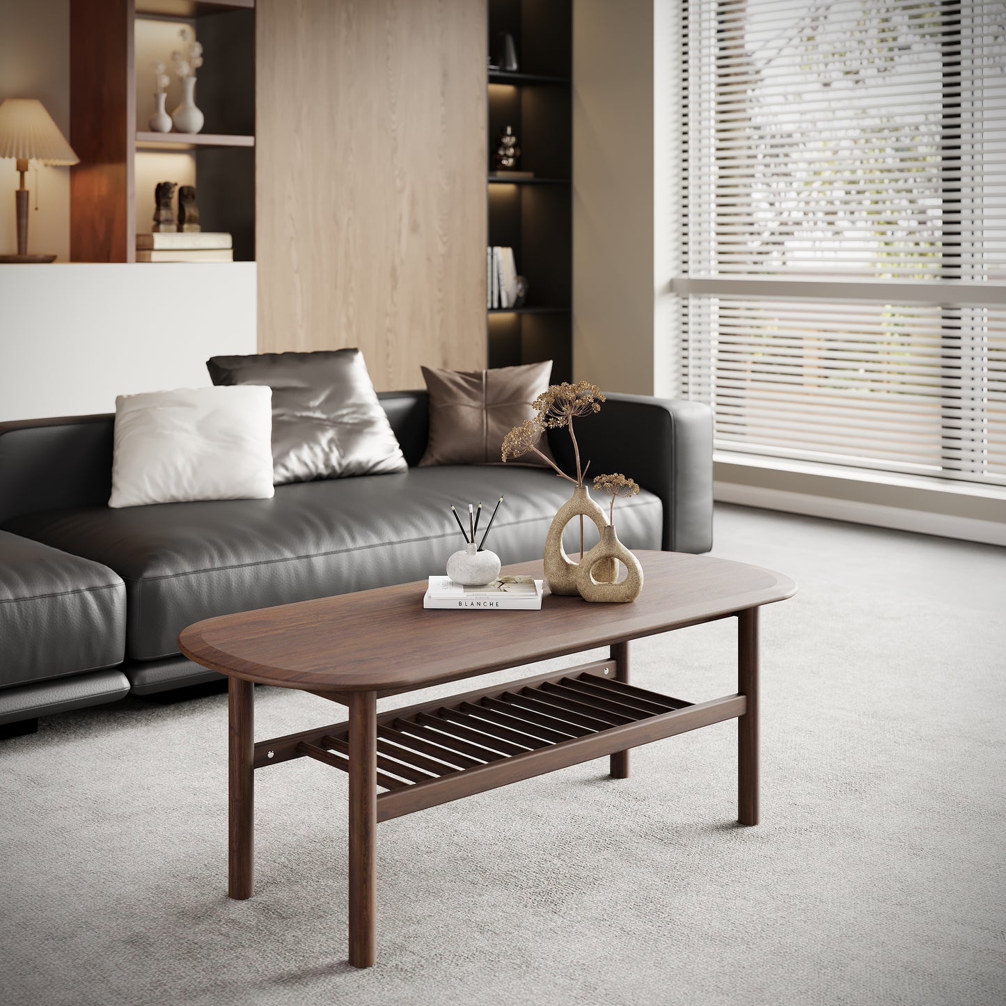 solid wood rectangle coffee table in mid century modern living room