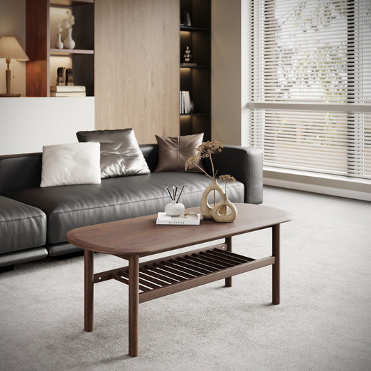 solid wood rectangle coffee table in mid century modern living room