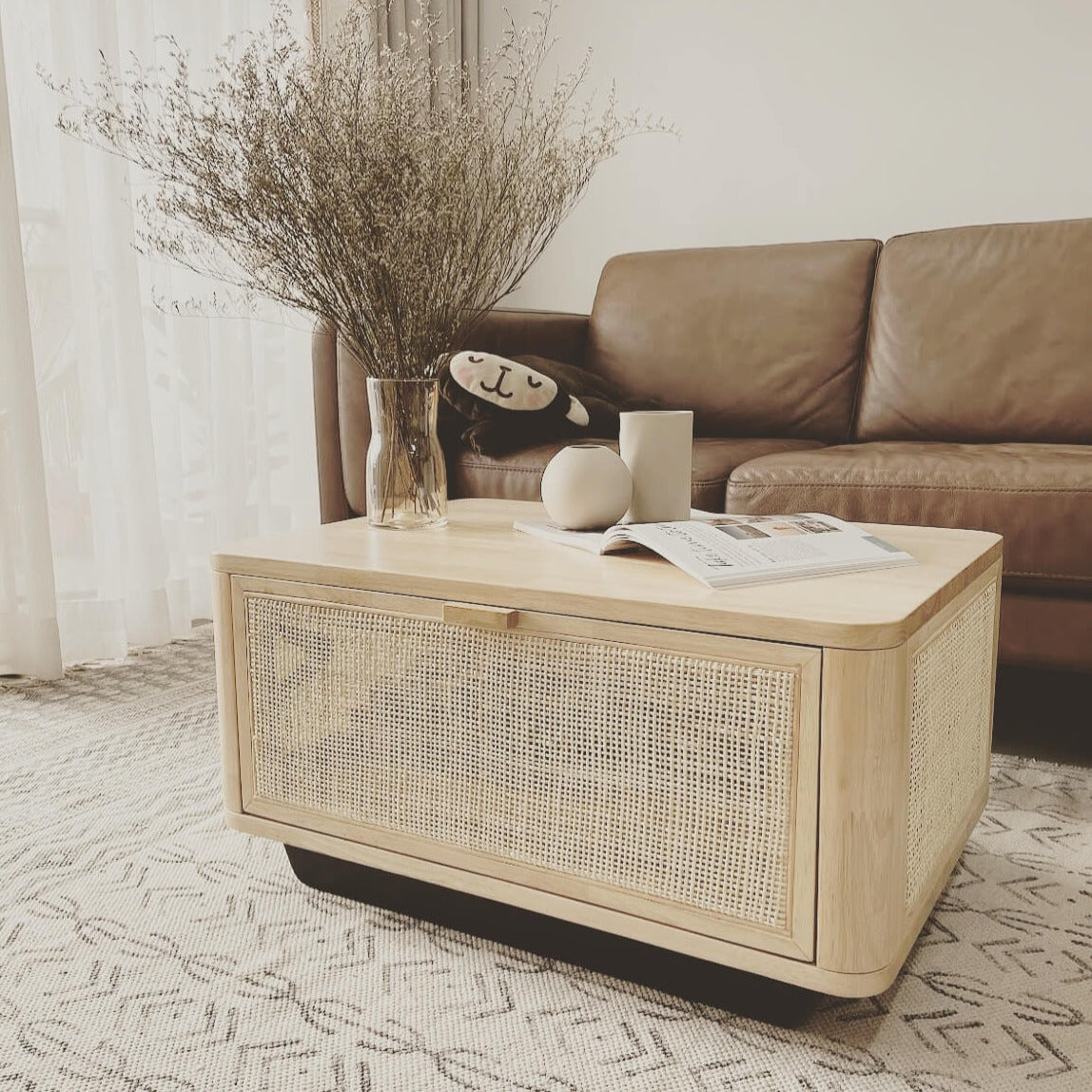 wood and cane coffee table with storage in scandinavian living room