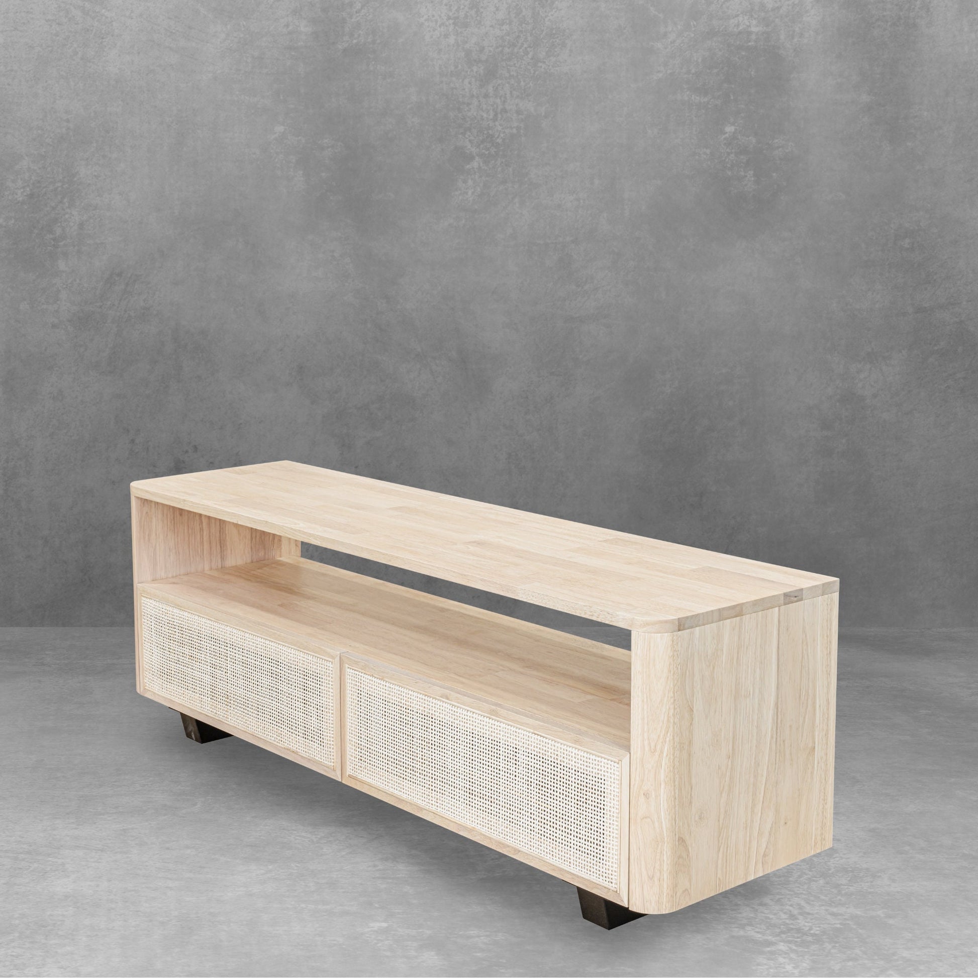 solid wood tv stand with cane door and 2 drawers