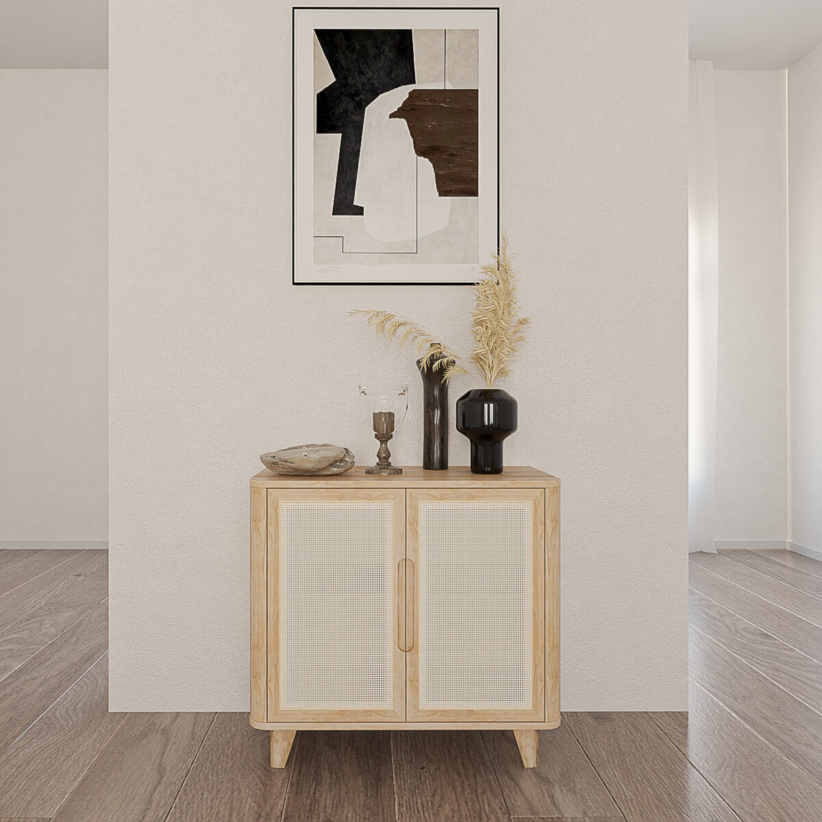 Solid Wood Accent Cabinet with Woven Rattan Door| Sideboard 32'' |Wood and Cane - Harmonie Workshop