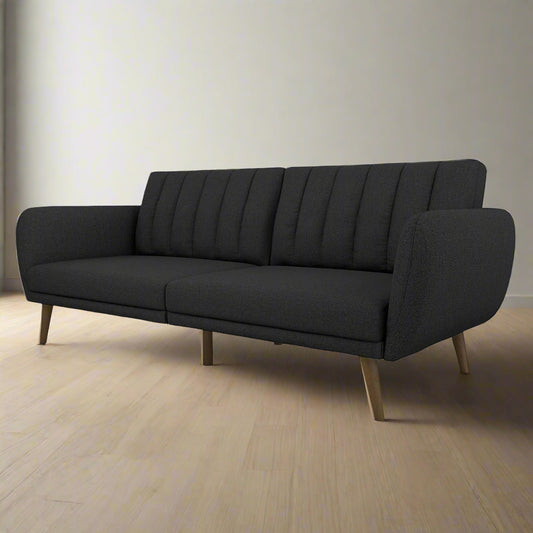 Dark Grey Linen Futon Sofa Bed with Modern Mid-Century Style Wooden Legs