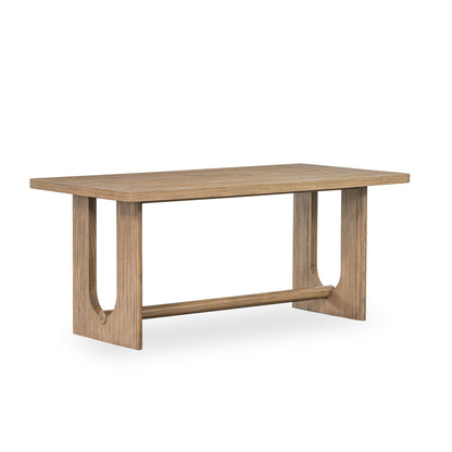 modern wood dining table with a rectangular top and unique U-shaped plinth legs connected by a horizontal support beam.