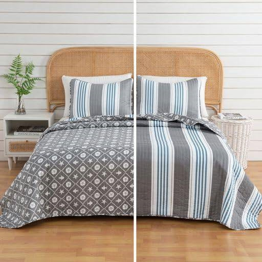 Full/Queen 3 Piece Coastal Starfish Sand Dollar Grey Blue White Quilt Set