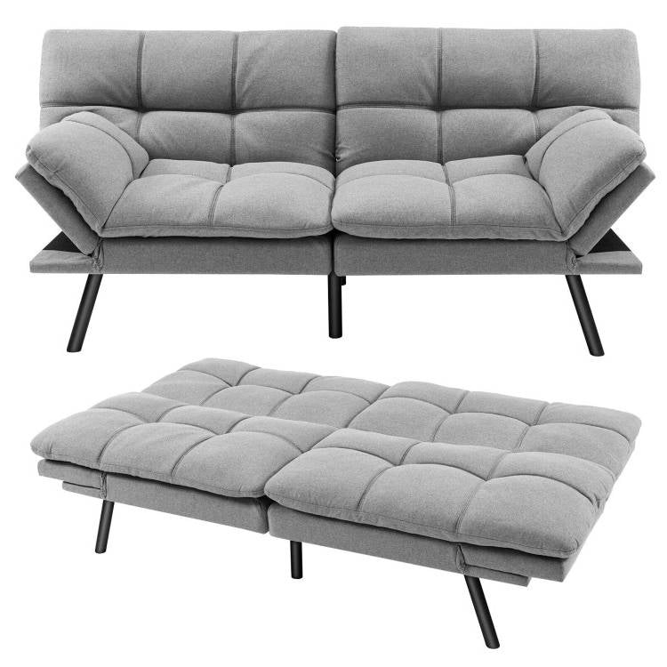 Modern Mid-Century Grey Linen Upholstered Futon Sleeper Sofa Bed