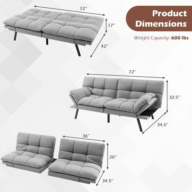 Modern Mid-Century Grey Linen Upholstered Futon Sleeper Sofa Bed