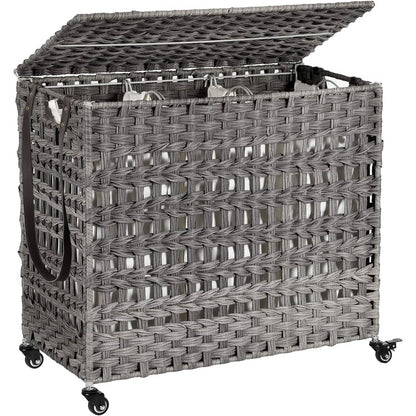 Grey PP Rattan 3-Basket Laundry Hamper Sorter Cart with Removable Cotton Bags - Harmonie Workshop