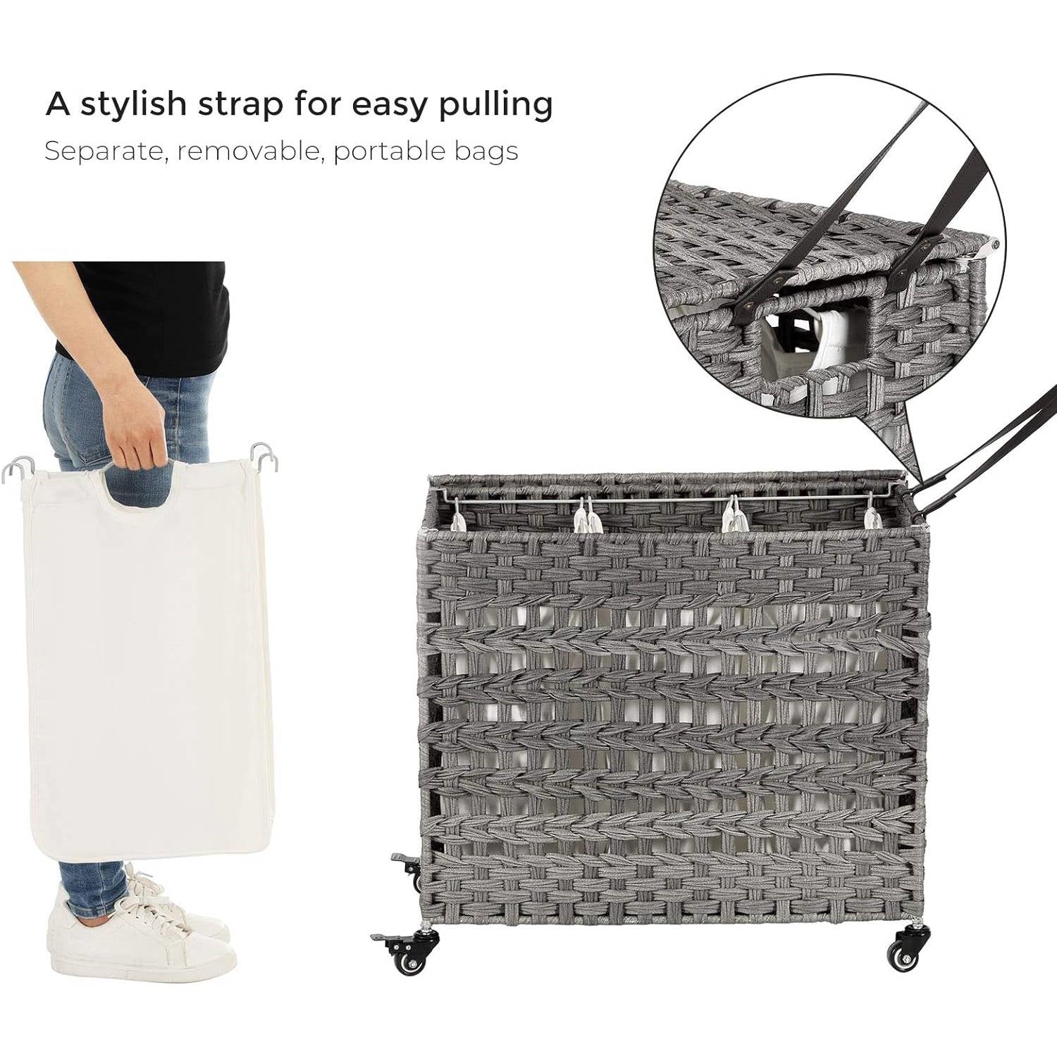 Grey PP Rattan 3-Basket Laundry Hamper Sorter Cart with Removable Cotton Bags - Harmonie Workshop