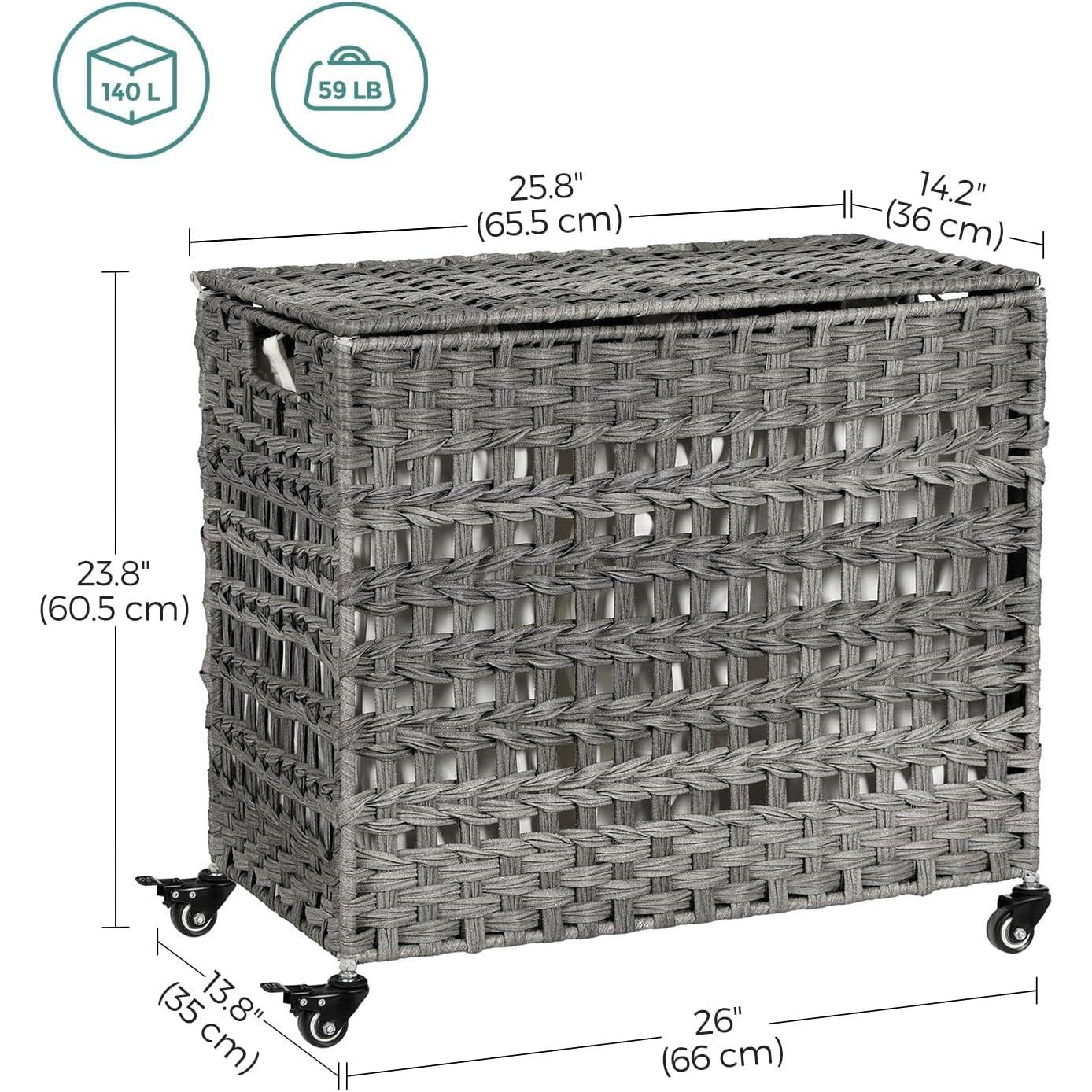 Grey PP Rattan 3-Basket Laundry Hamper Sorter Cart with Removable Cotton Bags - Harmonie Workshop