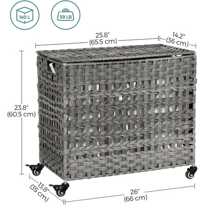 Grey PP Rattan 3-Basket Laundry Hamper Sorter Cart with Removable Cotton Bags - Harmonie Workshop