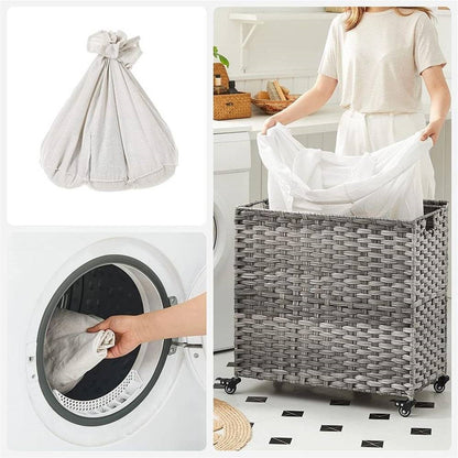 Handwoven Grey PP Rattan 3-Bag Laundry Basket Cart with Cotton Liner on Wheels