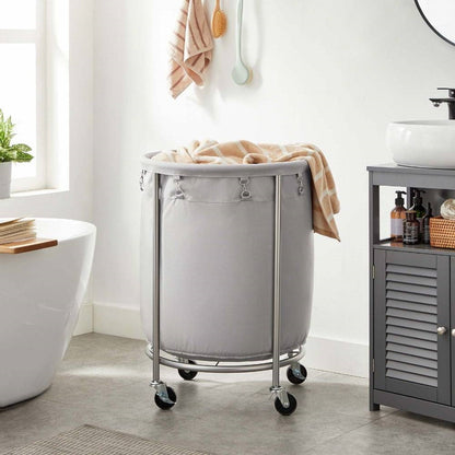 Round 45-Gallon Laundry Basket Hamper w/ Cream Fabric Bag Steel Frame on Wheels - Harmonie Workshop