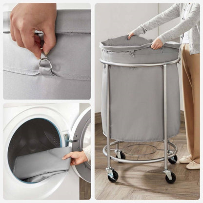 Round 45-Gallon Laundry Basket Hamper w/ Cream Fabric Bag Steel Frame on Wheels - Harmonie Workshop