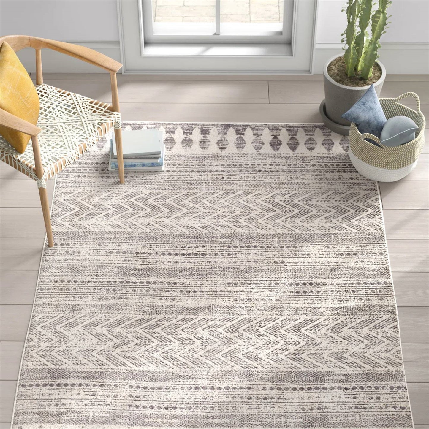 Grey Ivory Chevron Stripe Geometric Boho Style Area Rug