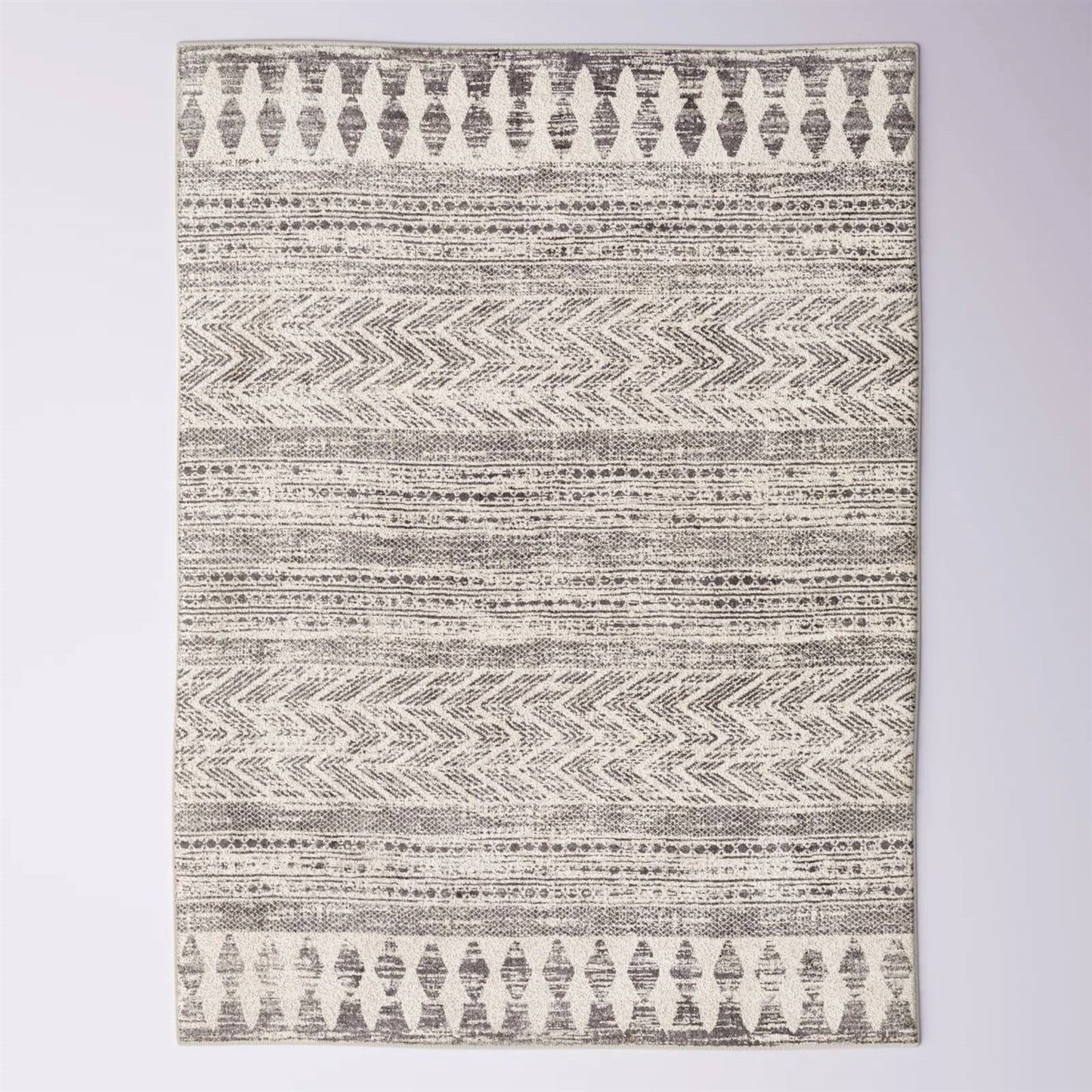 Grey Ivory Chevron Stripe Geometric Boho Style Area Rug