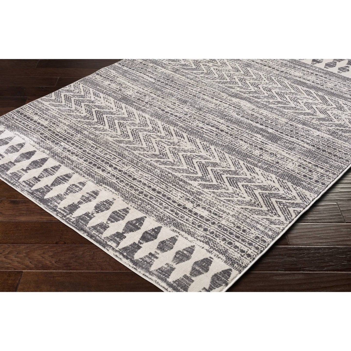 Grey Ivory Chevron Stripe Geometric Boho Style Area Rug