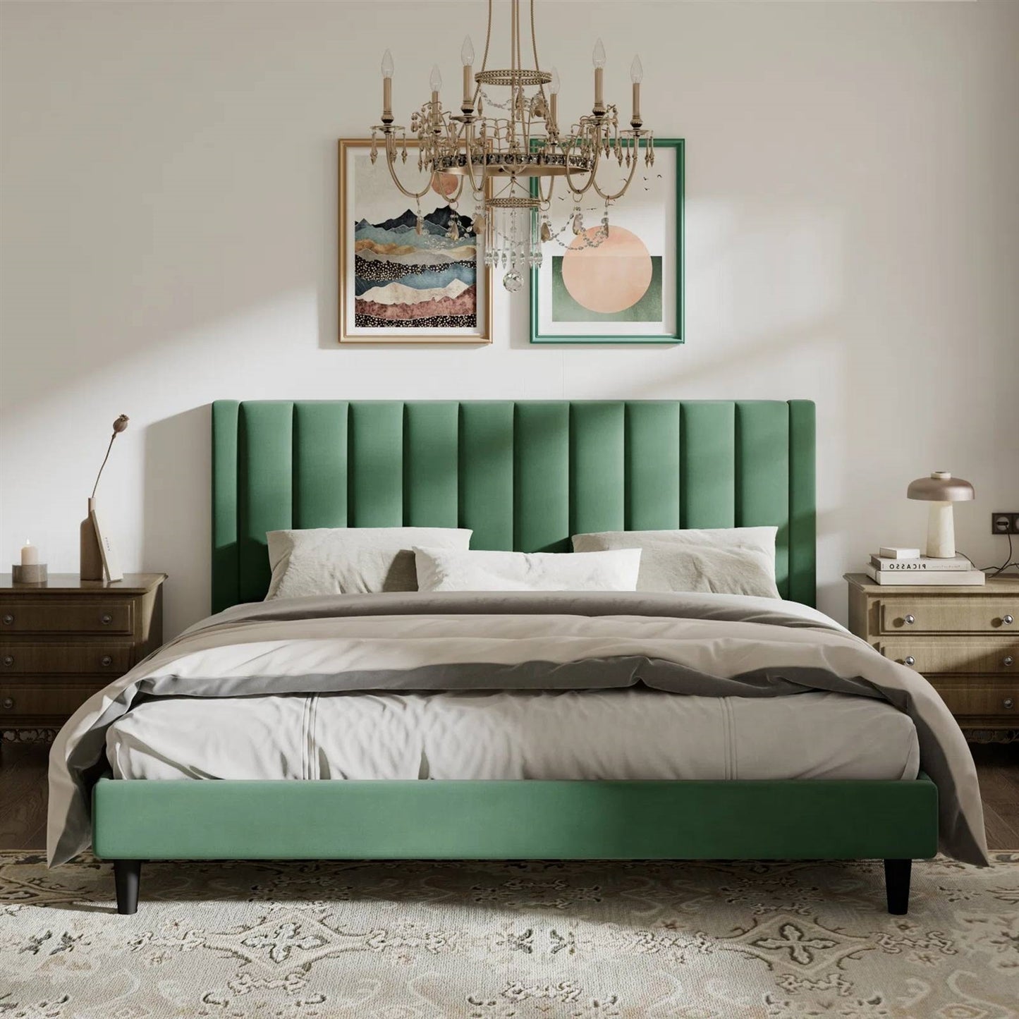 Green/Black Upholstered Platform Bed Frame with Headboard| King or Queen Size - Harmonie Workshop