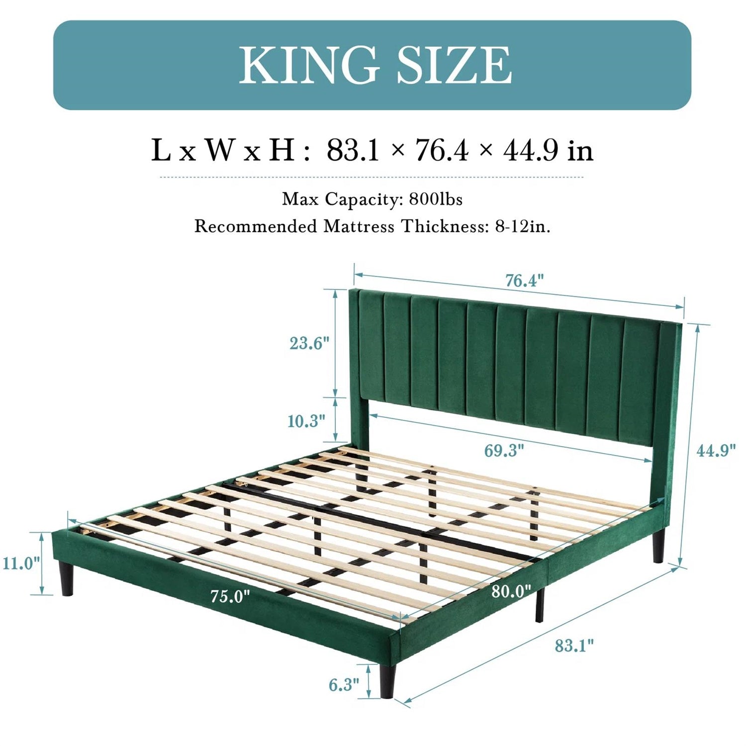 Green/Black Upholstered Platform Bed Frame with Headboard| King or Queen Size - Harmonie Workshop