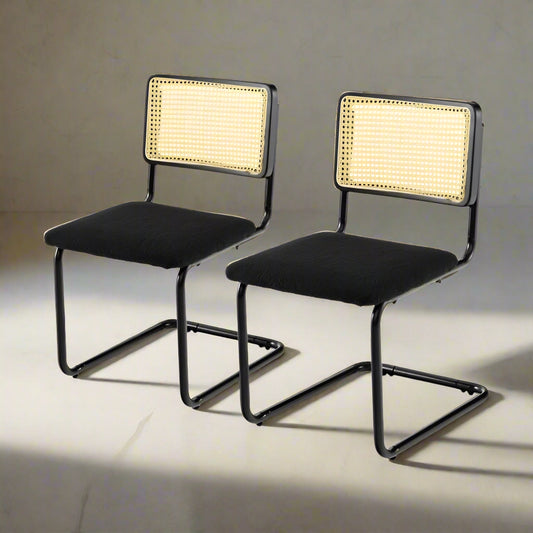 Set of 2 - Modern Mid-Century Black Dining Chair with Beige Rattan Backrest