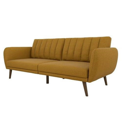 Linen Upholstered Futon Sofa Bed with Mid-Century Style Wooden Legs