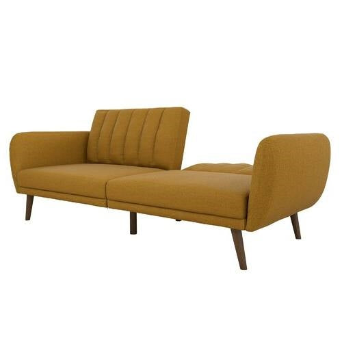 Linen Upholstered Futon Sofa Bed with Mid-Century Style Wooden Legs in mustard color