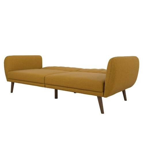 Linen Upholstered Futon Sofa Bed with Mid-Century Style Wooden Legs in mustard color