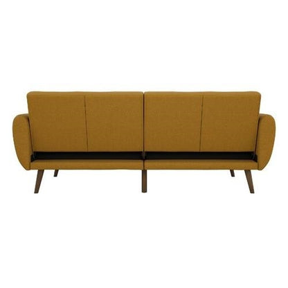 Linen Upholstered Futon Sofa Bed with Mid-Century Style Wooden Legs in mustard color