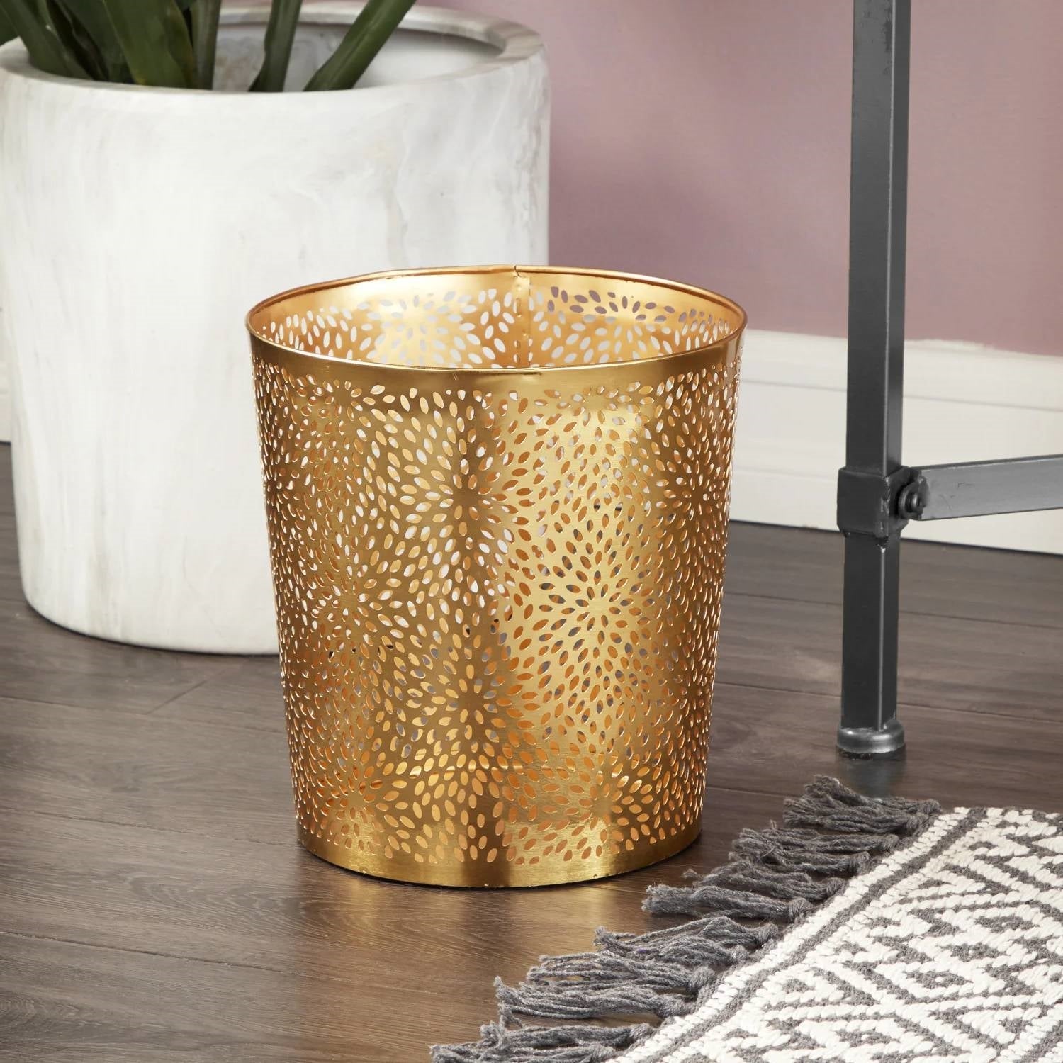 1.3 Gallon Round Perforated Copper Gold Metal Waste Basket Trash Can - Harmonie Workshop