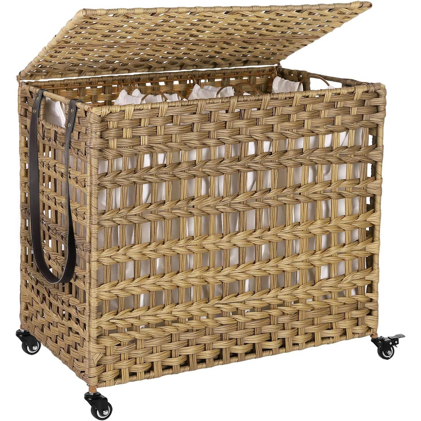 Tan PP Rattan 3-Basket Laundry Hamper Sorter Cart with Removable Cotton Bags - Harmonie Workshop