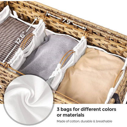 Tan PP Rattan 3-Basket Laundry Hamper Sorter Cart with Removable Cotton Bags - Harmonie Workshop