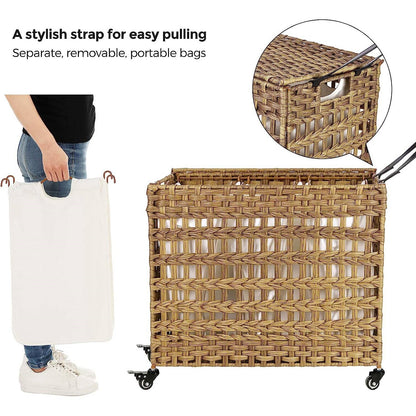 Tan PP Rattan 3-Basket Laundry Hamper Sorter Cart with Removable Cotton Bags - Harmonie Workshop