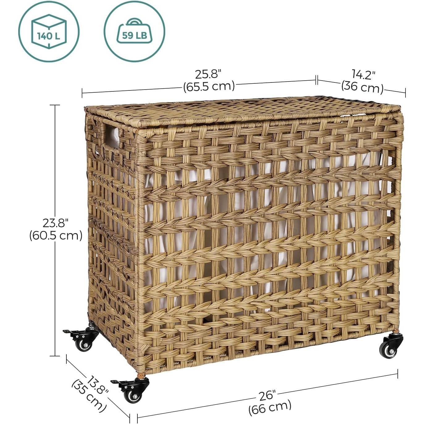 Tan PP Rattan 3-Basket Laundry Hamper Sorter Cart with Removable Cotton Bags - Harmonie Workshop