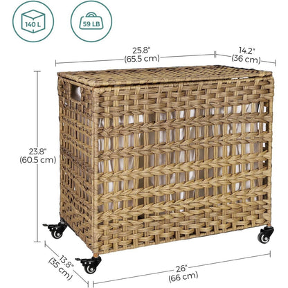 Tan PP Rattan 3-Basket Laundry Hamper Sorter Cart with Removable Cotton Bags - Harmonie Workshop